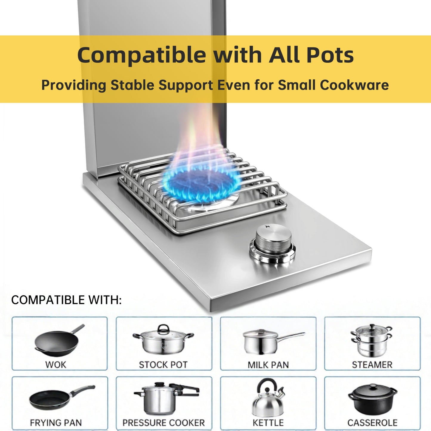 Built-in Single Grilling Side Burner for Outdoor Grill, Heavy-Duty 304 Stainless Steel, Drop in Side Burner With Cover, 15,000BTU Natural Gas & Propane, Single Side Burner for Family Patio Parties
