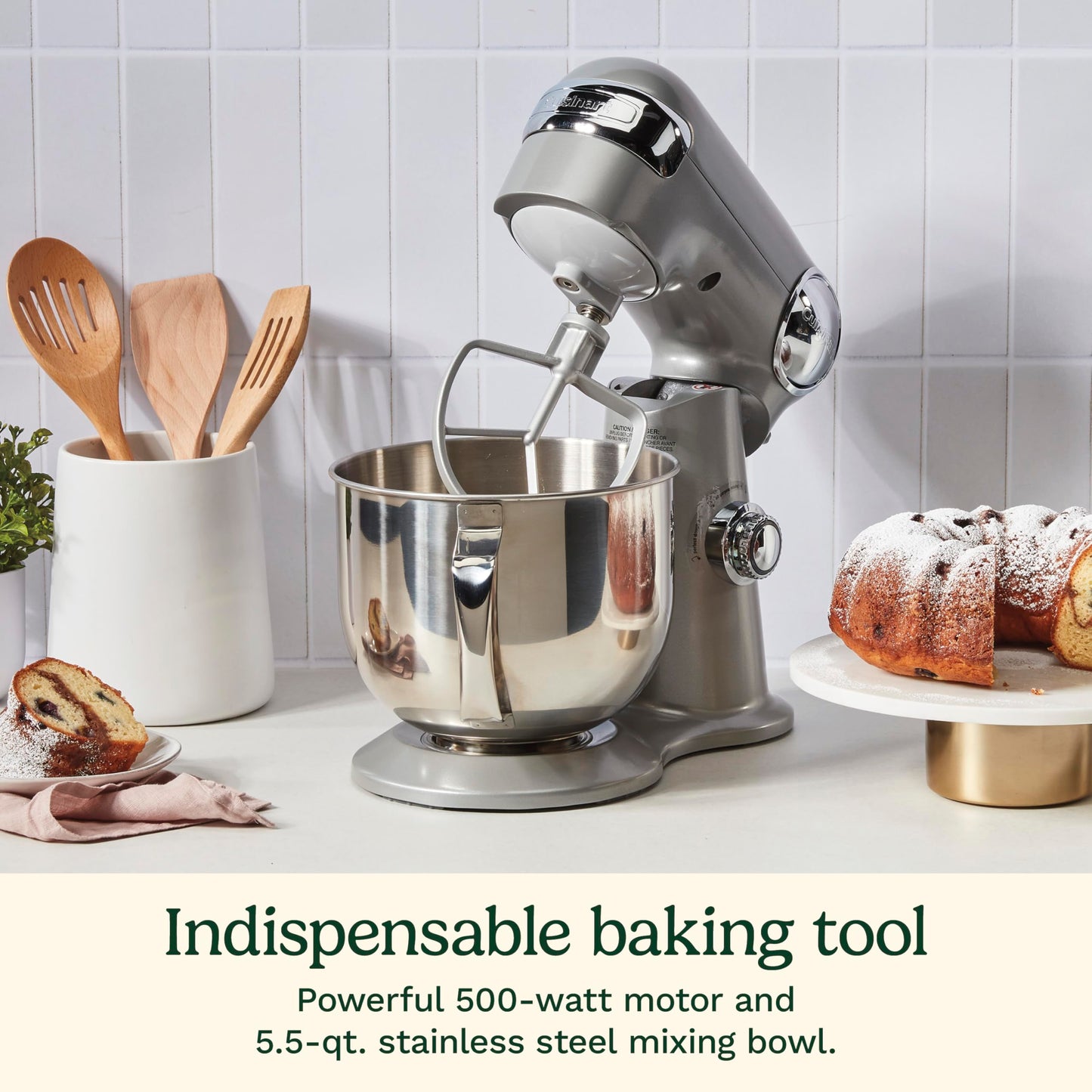 Cuisinart Stand Mixer, 12 Speeds, 5.5-Quart Mixing Bowl, Chef's Whisk, Flat Mixing Paddle, Dough Hook, and Splash Guard with Pour Spout, Silver Lining, SM-50BCNAS, Silver Lining