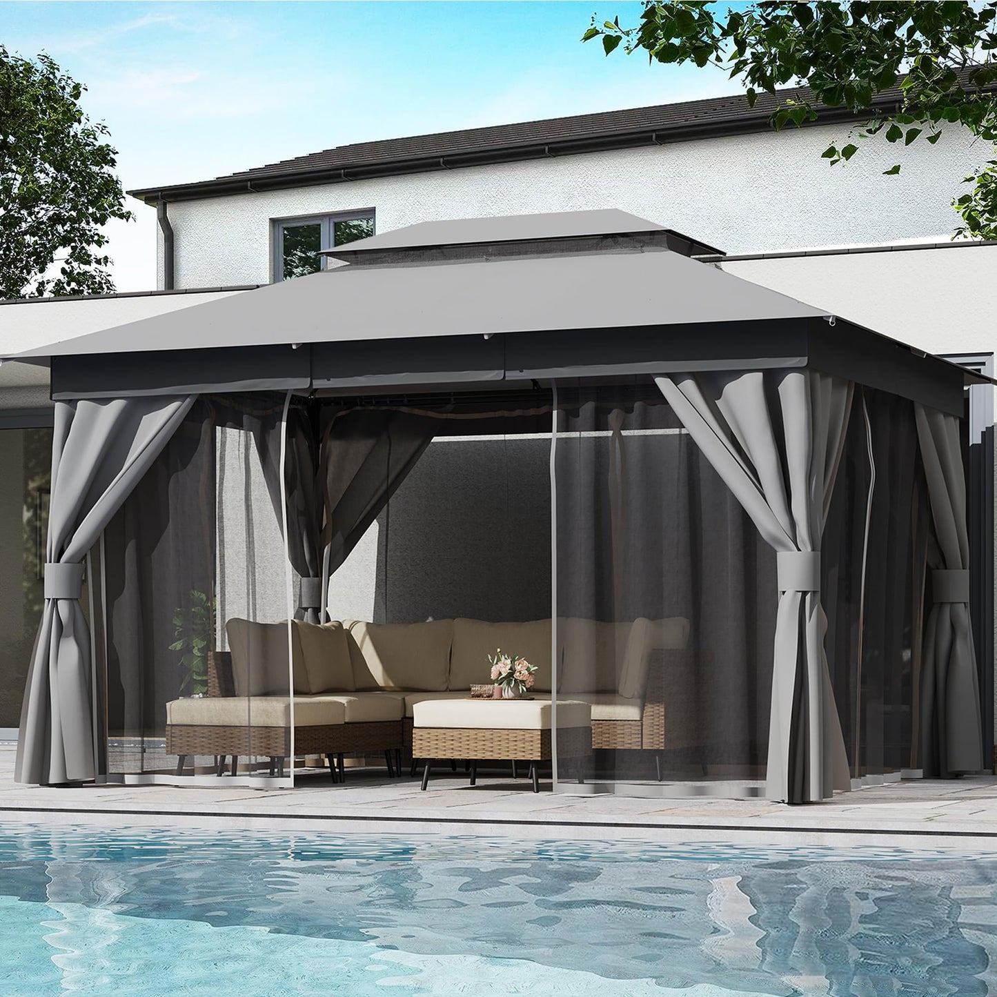 LAUSAINT HOME Patio Gazebo 10'x13', Outdoor Heavy Duty Party Tent Shelter with Double Roofs, Mosquito Nettings and Privacy Screens for Backyard, Garden, Lawn, Gray