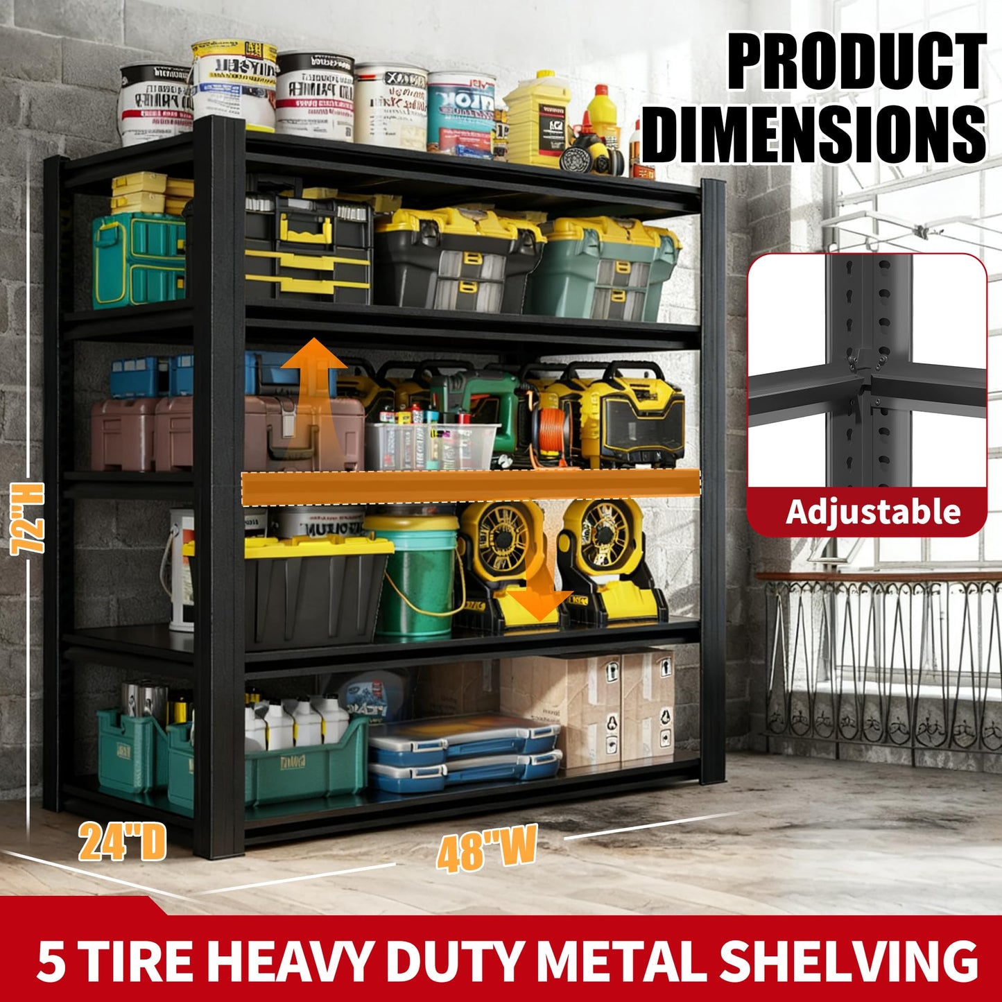FOSTOKO Storage Shelves, 5-Tier Garage Shelving, Adjustable Heavy Duty Shelving Units, Metal Industrial Utility Organizer Storage Racks for Basement, Kitchen, Warehouse, Pantry, 24" D×48" W×72" H