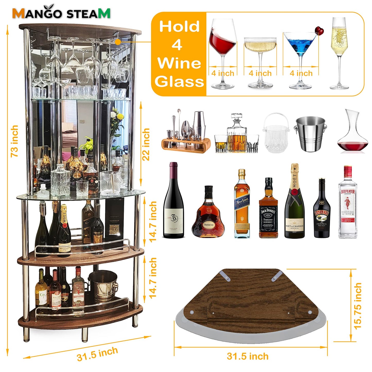 Mango Steam Contemporary Modern Home Entertainment Liquor Bar Catalina Table (Tower Bar, Clear and Brown)