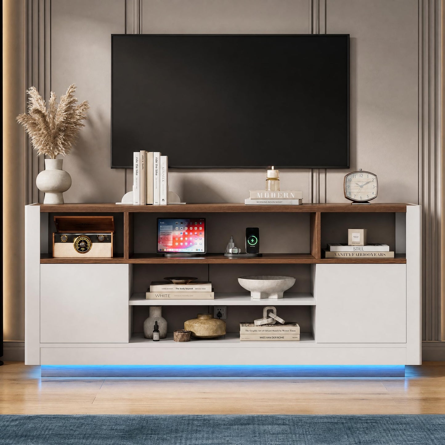 LIKIMIO Modern TV Stand for 70" TV, Entertainment Center with Charging Station & LED Lights, Media Console with Sliding Doors, Open Shelves, Console Table for Living Room and Bedroom