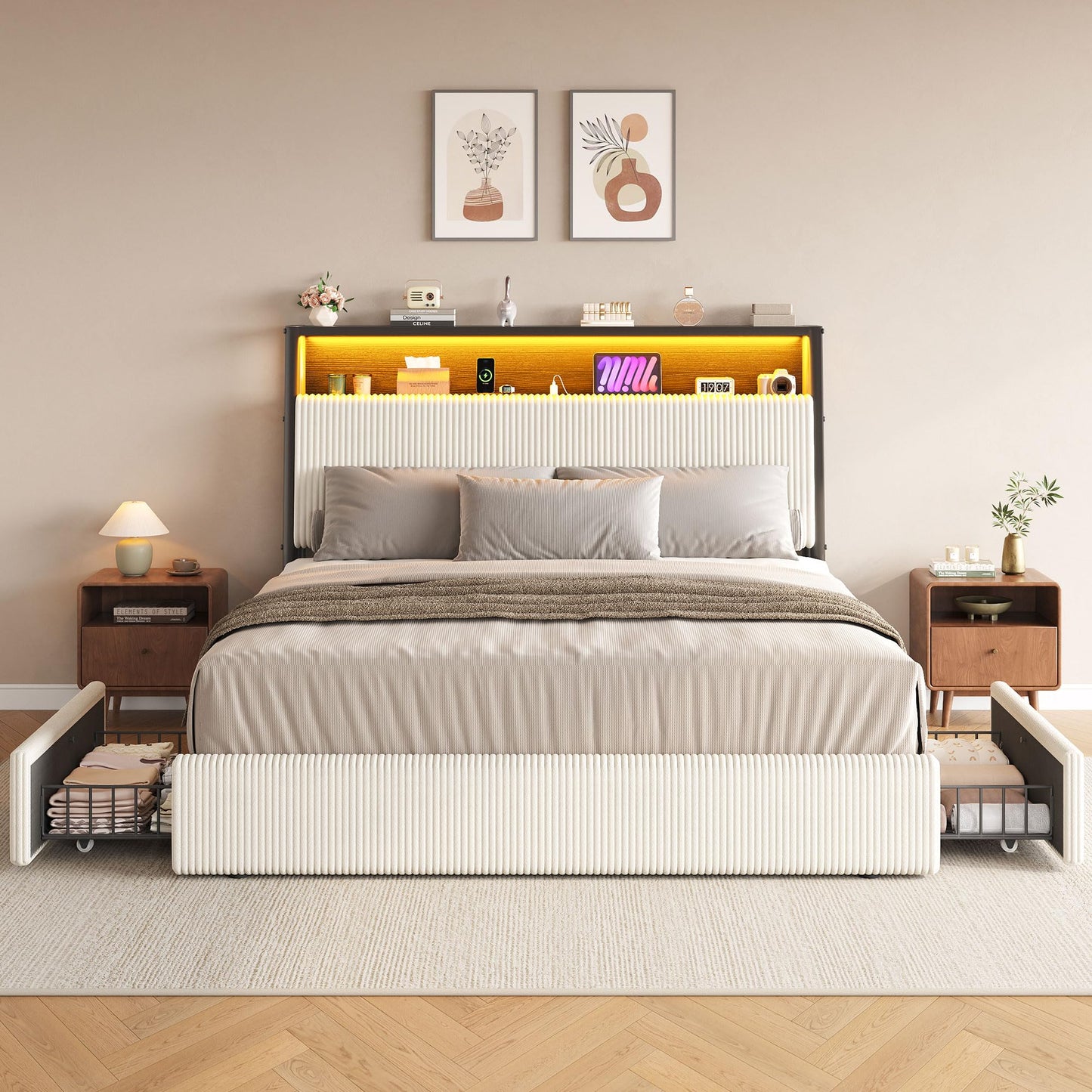 Upholstered Full LED Bed Frame with 2 Storage Drawers and Charging Station, Corduroy Platform Bed with 3-Tier Storage Bookcase Headboard, Heavy Duty Metal Support, No Box Spring Needed - Beige