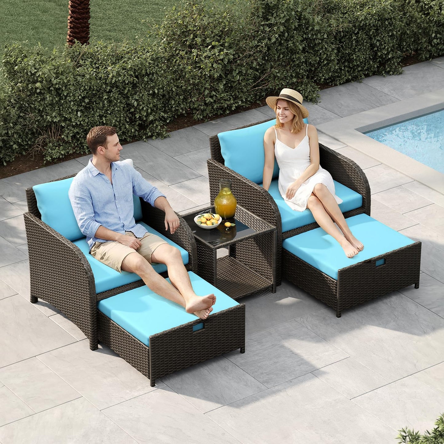 Garvee Patio Furniture Set, 5-Piece PE Rattan Wicker Outdoor Seating Set with Ottomans and Glass Tabletop, All-Weather Conversation Furniture for Garden Balcony