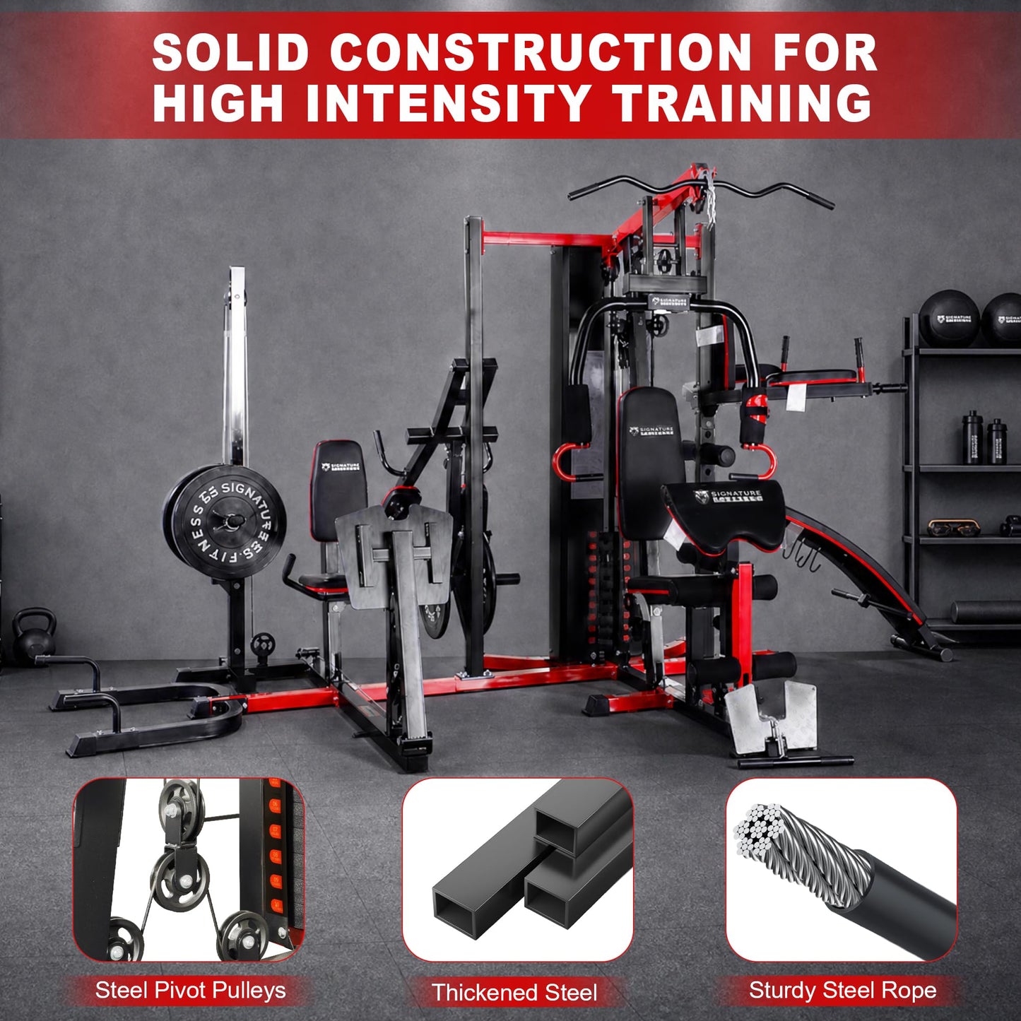 Signature Fitness Multifunctional Home Gym System Workout Station with Leg Extension, Preacher Curl, Pushup, Dip, Situp Stand, Leg Press and Squat Stand, 122.5LB Weight Stack, M950, Steel