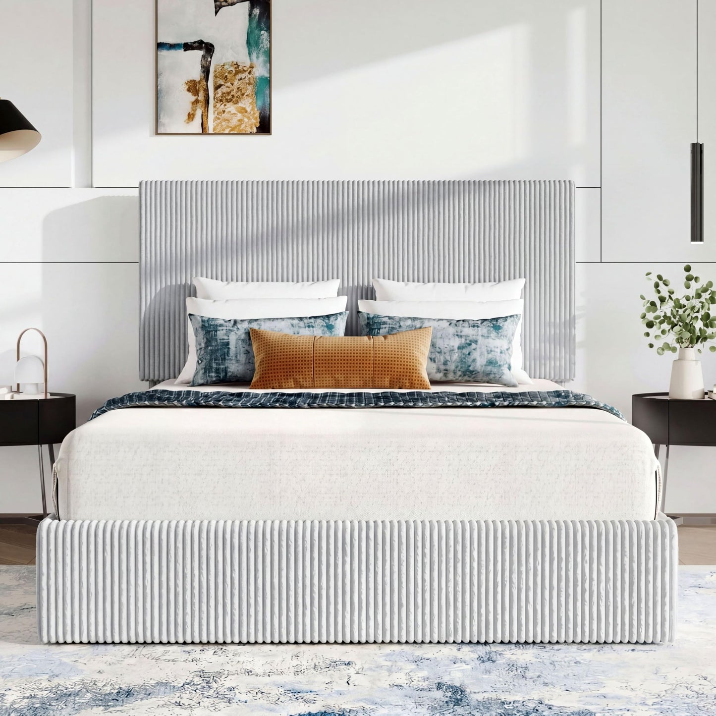 SHA CERLIN Queen Bed Frame, Corduroy Upholstered Platform Bed, Adjustable Vertical Channel Tufted Headboard, Modern Low Profile Frame, No Box Spring Needed, Easy Assembly, Light Grey