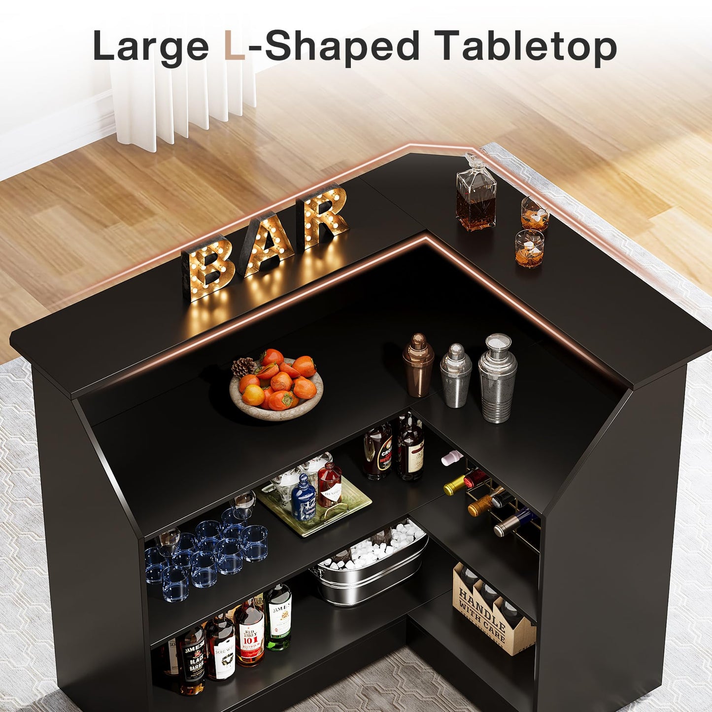 Tribesigns L-Shaped Bar Cabinet, 4-Tier Corner Bar Unit with Stemware Racks, Black