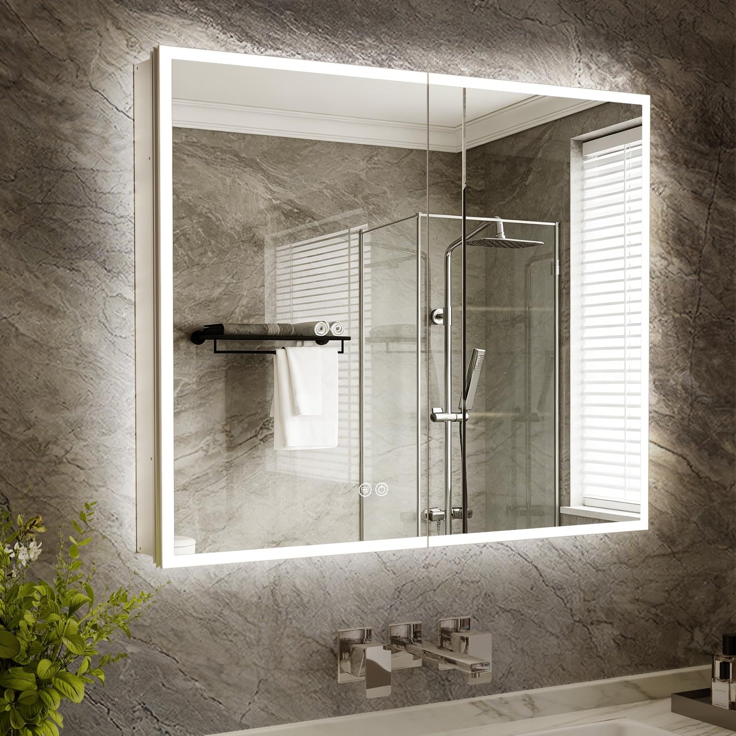 LED Medicine Cabinet Mirror 30x36 IN, Lighted Medicine Cabinet with 3-Colors Dimmable Light, Defog, Medicine Cabinet with Light Built-in 2-Compartment, Sensing Light, 2 Outlets, Recessed or Wall Mount