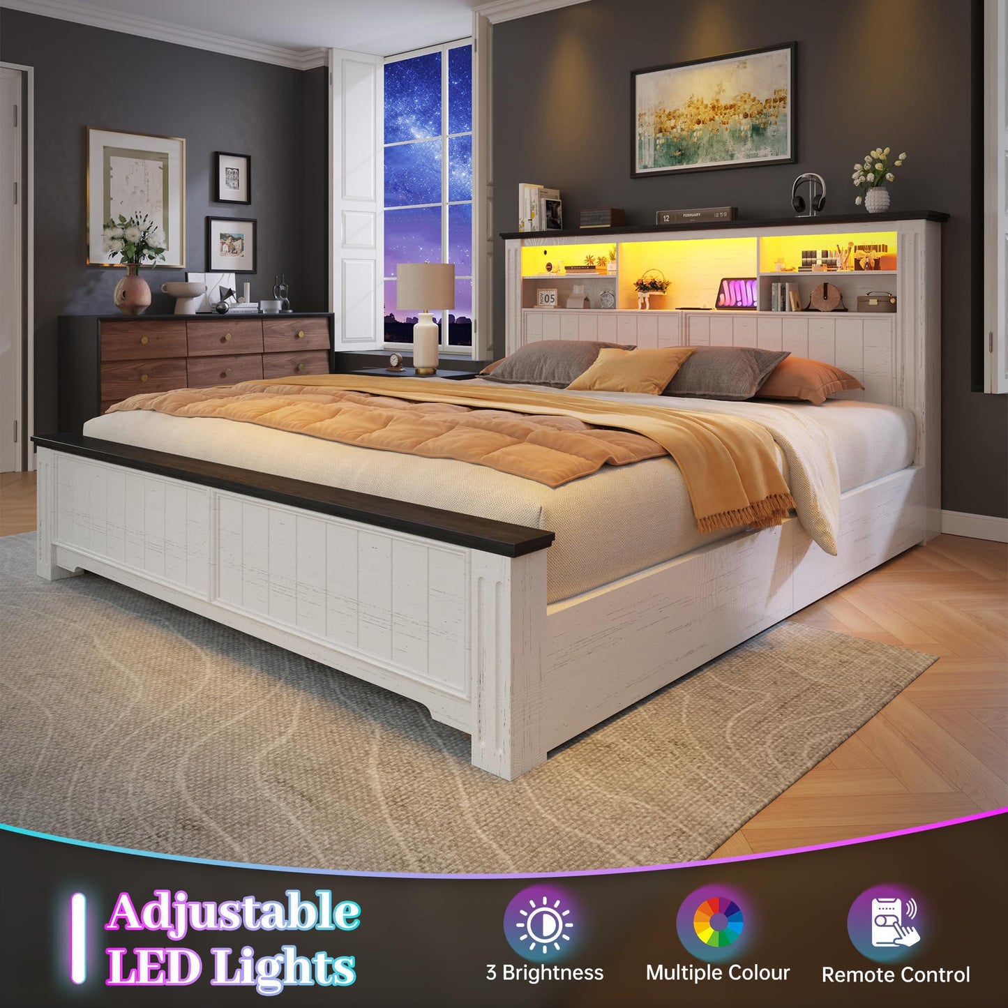 EnHomee Queen Bed Frame with Headboard, and 4 Storage Drawers, LED Lights & Charging Ports,No Box Spring Needed for Apartment,Noise-Free,Wooden, White