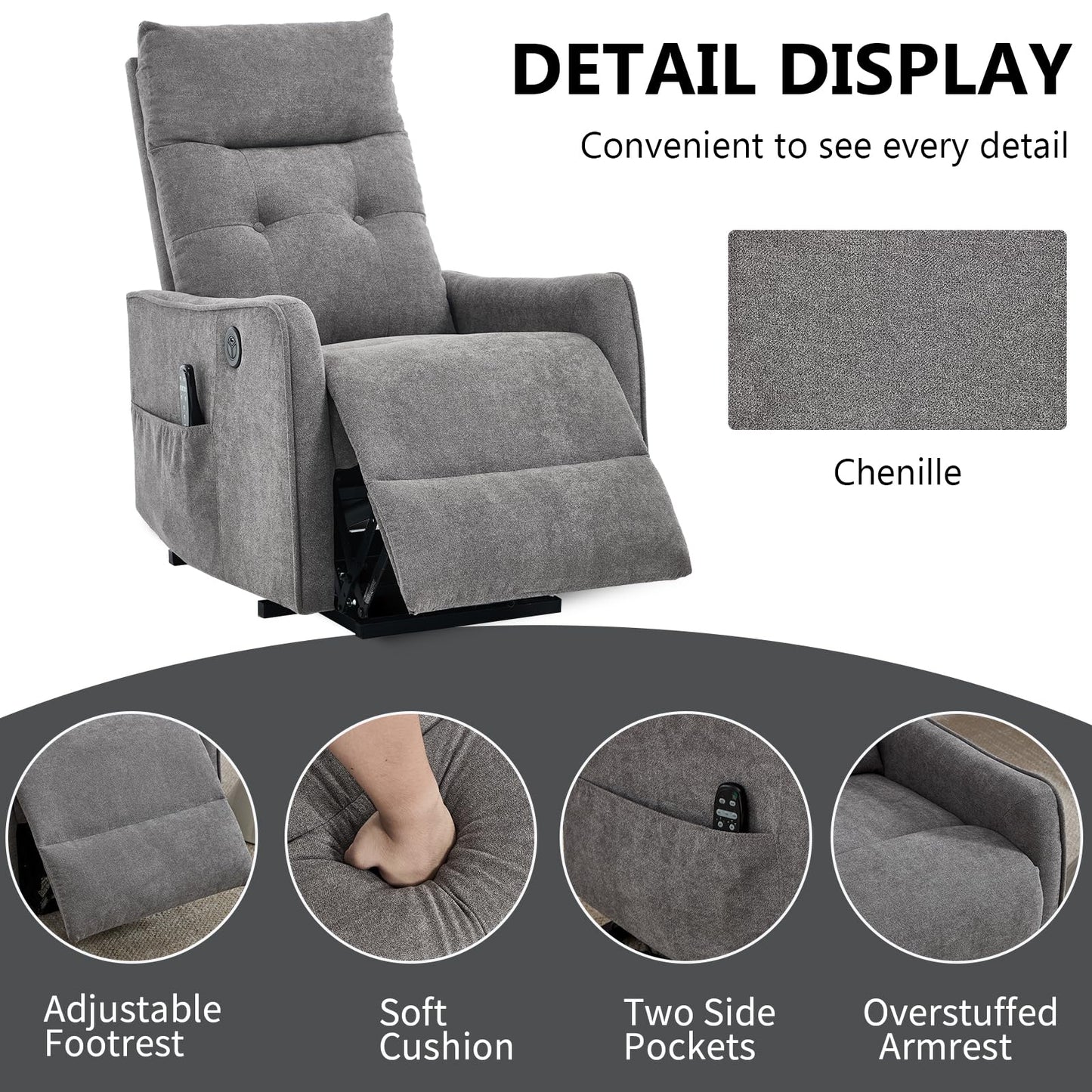 KEIKI Single Motor Power Lift Recliner Chair with Massage and Heat for Home Theater, Soft Fabric Finish with USB Charging Port and Motion Mechanism for Elderly