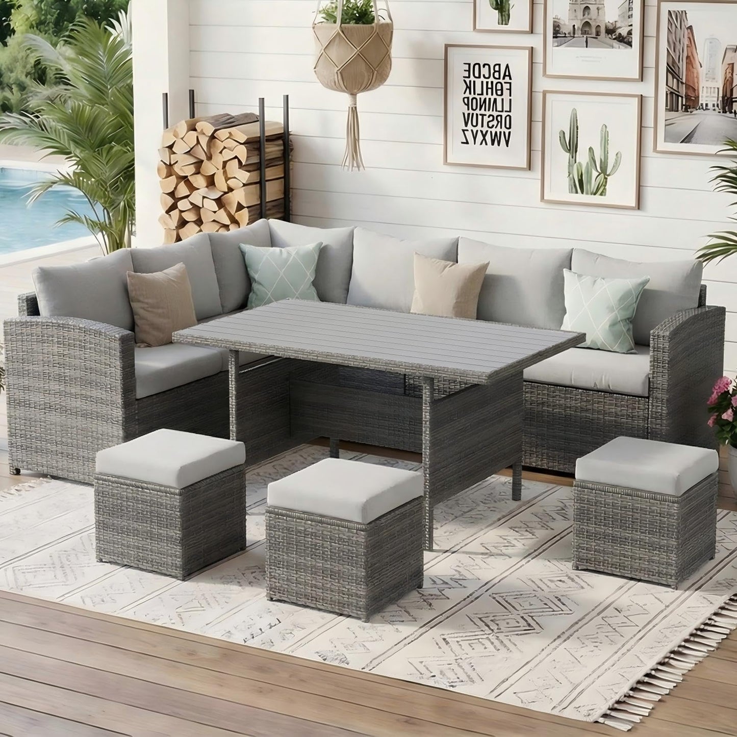 Wisteria Lane 7 Piece Patio Furniture Set, Wicker Patio Sectional with Wide Armrest, All Weather Outdoor Dining Set, Outdoor Furniture Patio Conversation Set with Ottoman, Ash Gray