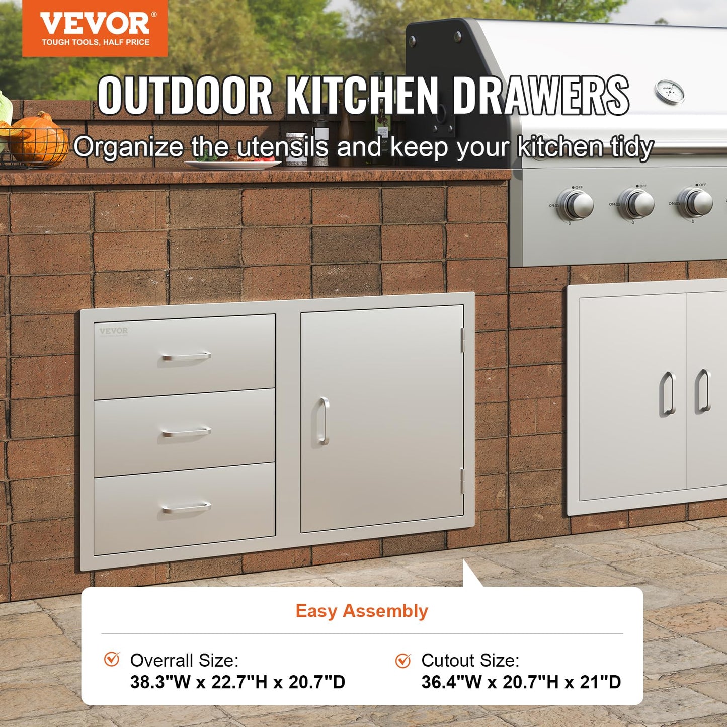 Vevor Outdoor Kitchen Door Drawer Combo 38.1''W x 22.6''H x 20.8''D, BBQ Access Door/Triple Drawers Combo with Stainless Steel Handles, Perfect for BBQ Island Patio Grill Station