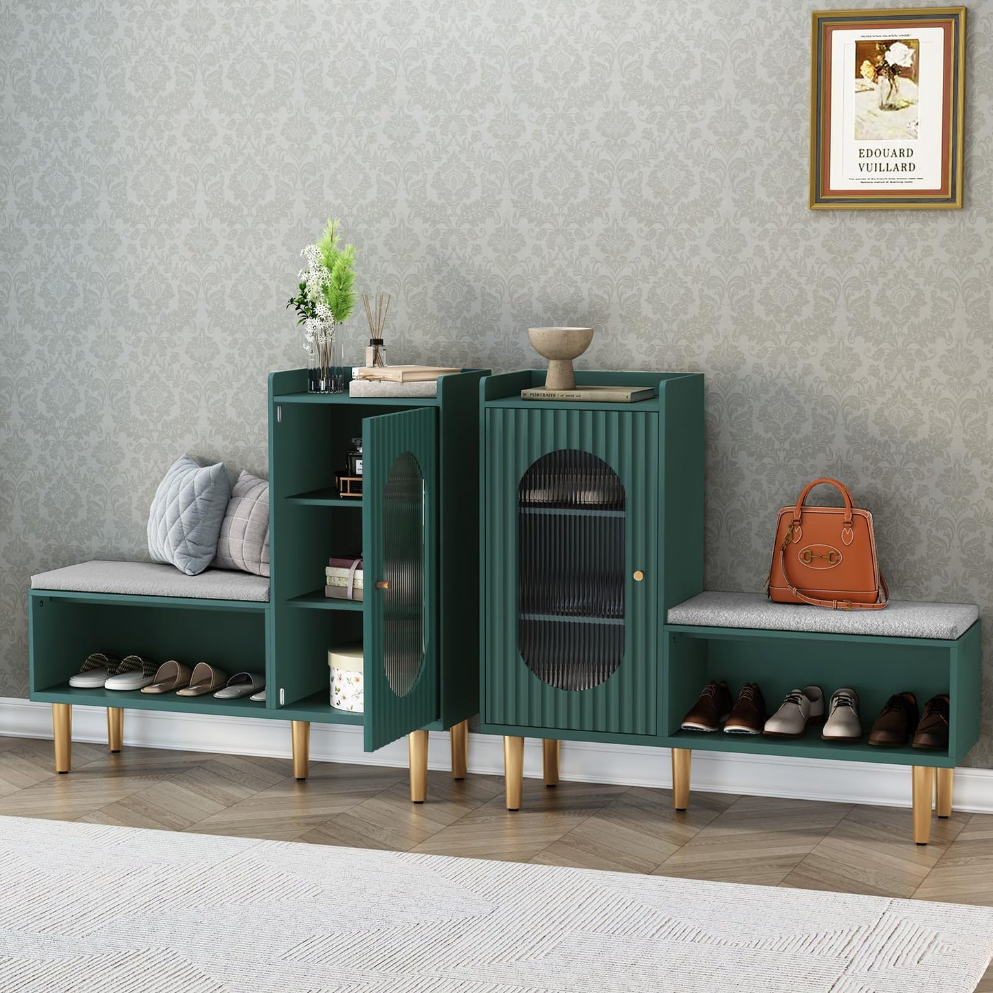 HLR Storage Bench Set of 2, Green Modern Entryway Shoe Cabinet Bench with Glass Door&Shelf, L-Shaped Storage Cabinet with Padded Seat for Hallway, Bedroom, Living Room, Office