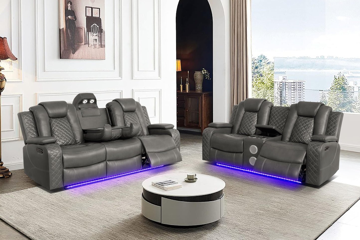Ball & Cast Power Recliner Sofa Set Leather Reclining Couch Home Theater Seating 3PCS Recliner Couch Loveseat & Chair Sets with Wireless Charing,Cup Holders,Storage Box for Home Theater,Living Room
