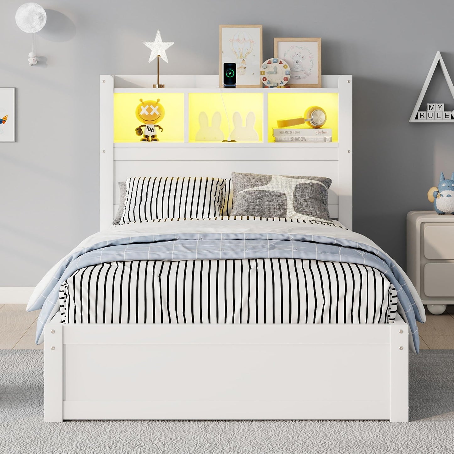 KEIKI Twin Size Wood Platform Bed Frame with Storage Headboard & Pull Out Storage Cabinet & 2 Drawers, Modern Bed with Solid Slats & Socket, No Box Spring Required, Easy Assembly, for Bedroom, White