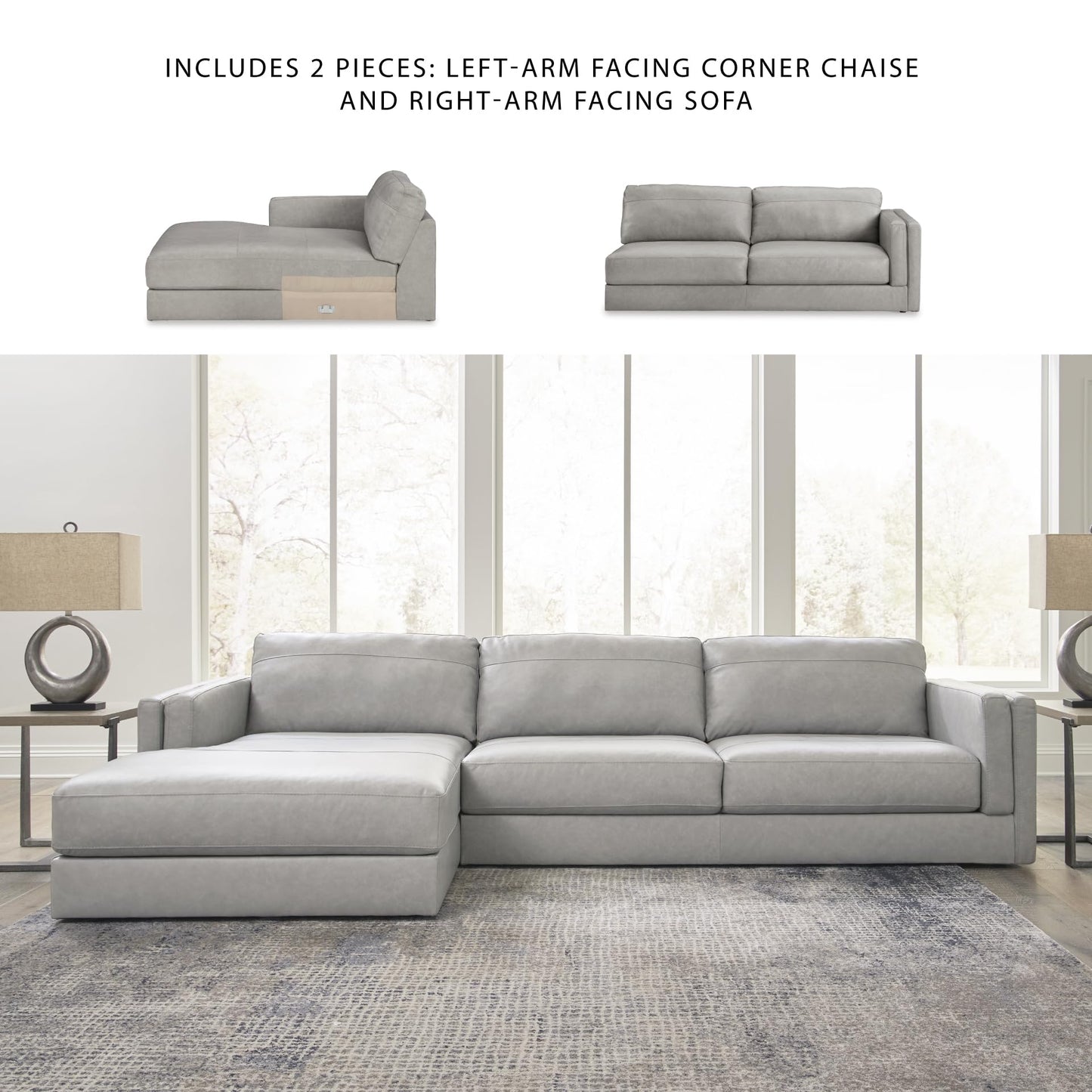 Signature Design by Ashley Amiata Modern L-Shaped Left-Arm Facing Leather Match 2-Piece Sectional with Chaise, Light Gray