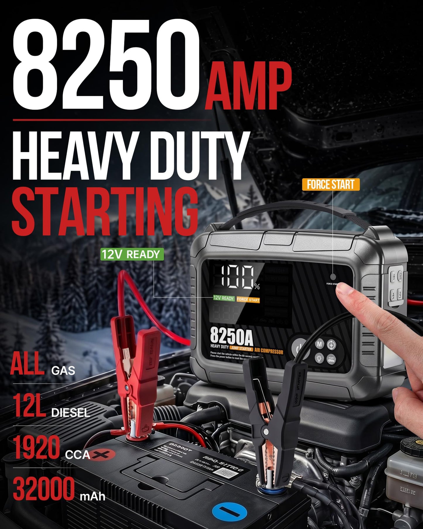 JFEGWO 8250A Heavy Duty Jump Starter with Air Compressor, 32000mAh 65W Fast Charging Portable Car Battery Booster Power Pack (for All Gas 12L Diesel), 150 PSI Tire Inflator, HD Display 12V Jump Box