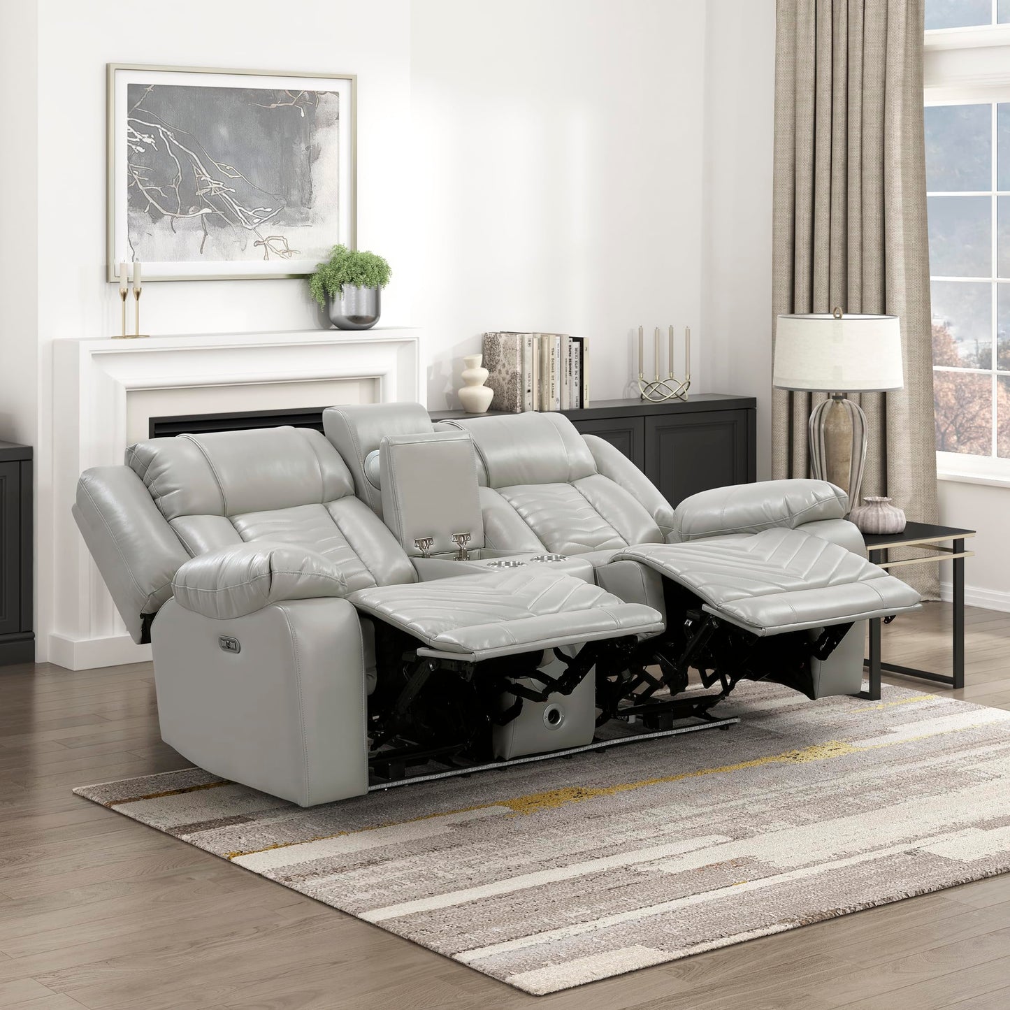 Lexicon Wall Hugger Power Double Reclining Loveseat with Console, Faux Leather Home Theater Seating with LED Lighting, Charging Ports, Bluetooth Speaker Wireless, Cup Holders, Hidden Storage, Gray