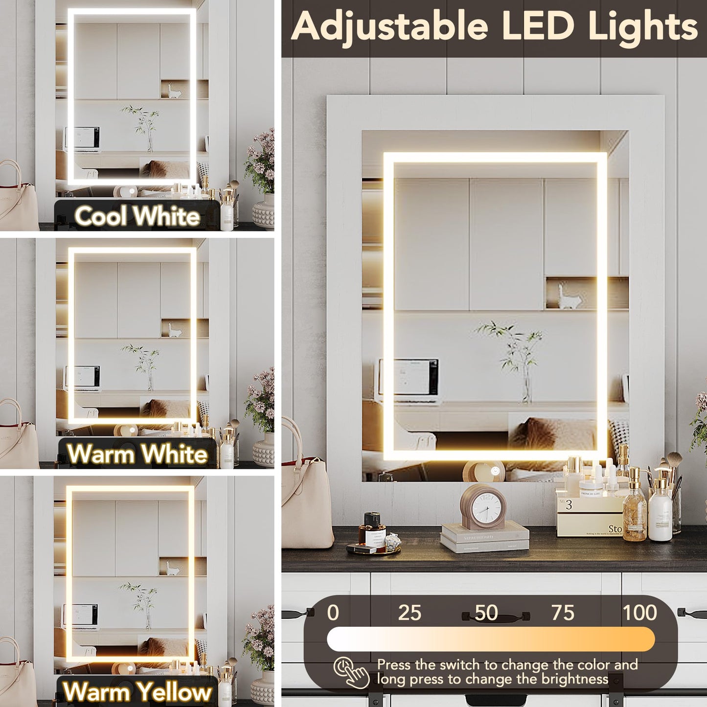 GarveeHome 47.2 in Farmhouse Buffet Cabinet, Sideboard Cabinet with LED Mirror, White Coffee Bar with 6 Drawers for Dinning Room, Kitchen, Living Room