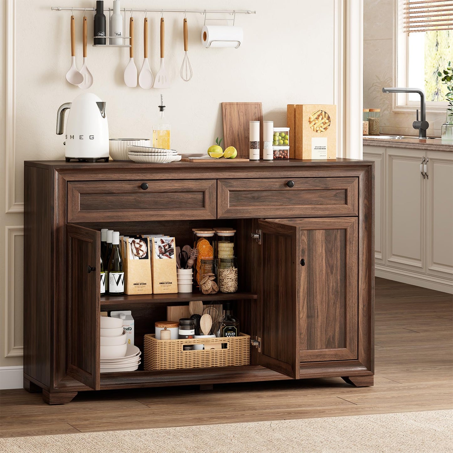 48 Inches Buffet Cabinet with Storage, Farmhouse Sideboard Buffet w/2 Drawers and 3 Doors, Wood Coffee Bar Cabinet with Adjustable Shelves, Kitchen Storage Cabinet for Dining Room/Living Room, Brown