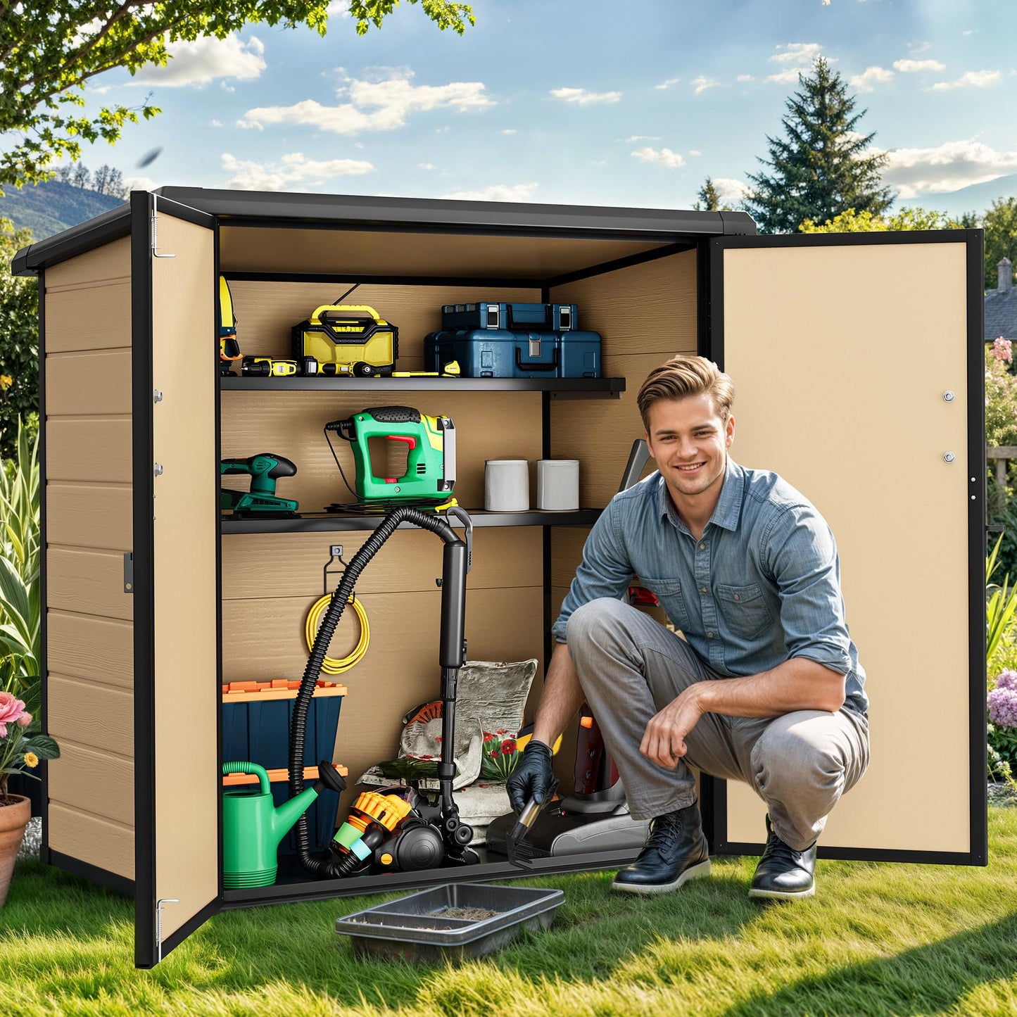 DWVO 4.2x2.6ft Outdoor Storage Shed with 2 Shelves, 54 Cu Ft Waterproof Resin Garden Shed with Floor & Lockable Door, Plastic Tool Cabinet for Garbage Cans, Lawn Equipment, Garden Supplies (Brown)