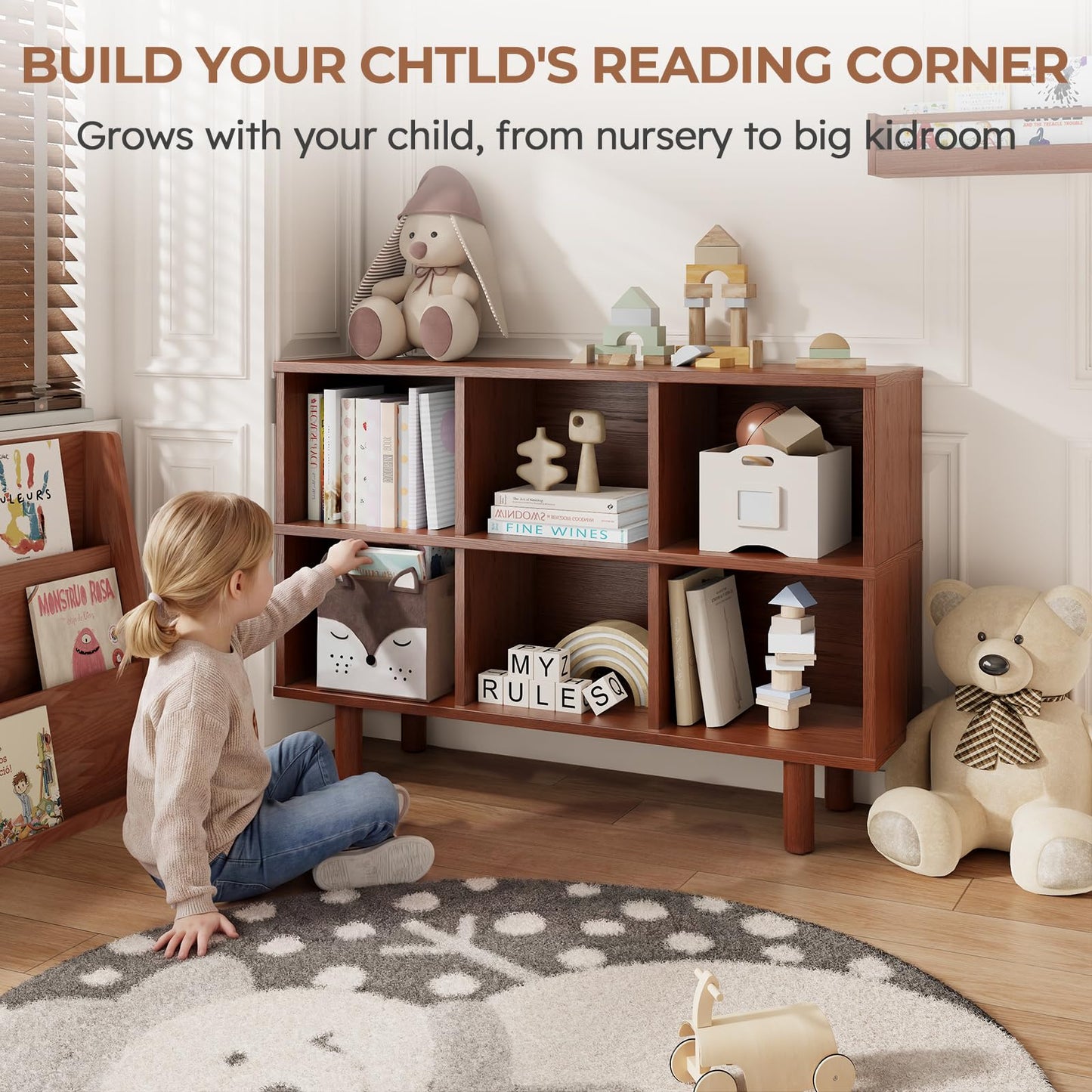 Solid Wood 6 Cube Storage Organizer, Horizontal Bookshelf with Storage, 2 Shelf Bookcase, 6 Cube Shelf, TV Stand Bookshelf, Small Book Shelf for Kids Rooms, Bedroom, Living Room, Offices (47.2 Wide)