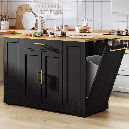 YITAHOME 53 inch Large Rolling Kitchen Island with Trash Can Storage Cabinet, Portable Mobile Islands Table Long Floating Movable w Wheels Cabinet for 13 Gallon Garbage Bin 2 Drawer, Navy Blue