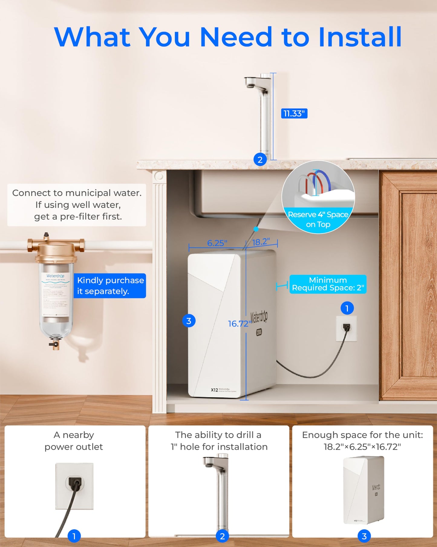 Waterdrop X12 Alkaline Mineral Reverse Osmosis System, NSF/ANSI 42&58&372 Certified, 1200 GPD, 11-Stage Filtration Tankless RO, 3:1 Pure to Drain, UnderSink, Smart Stainless Steel Faucet, BPA Free