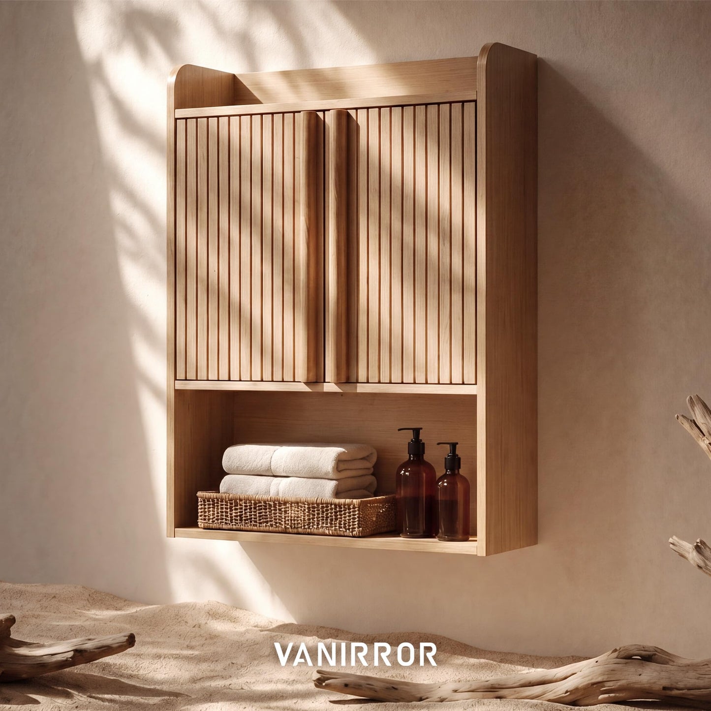 VANIRROR Bathroom Wall Cabinet, 24 x 9.3 x 33 in Wood Finish Wall Mounted Medicine Storage Organizer with Fluted Doors, Raised-Edge Top, Over Toilet Cabinet for Laundry Kitchen