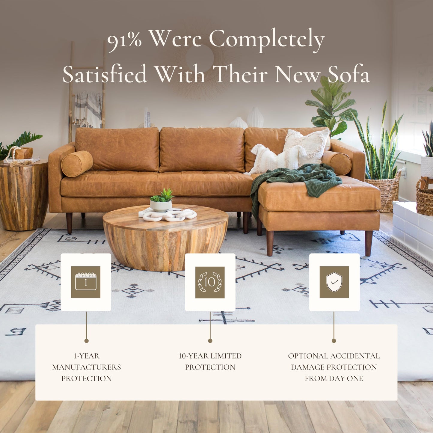 POLY & BARK Napa 104.5" Right-Facing Sectional Sofa – Cognac Tan Full-Grain Pure-Aniline Italian Leather, Feather-Down Cushions, Solid Wood Frame