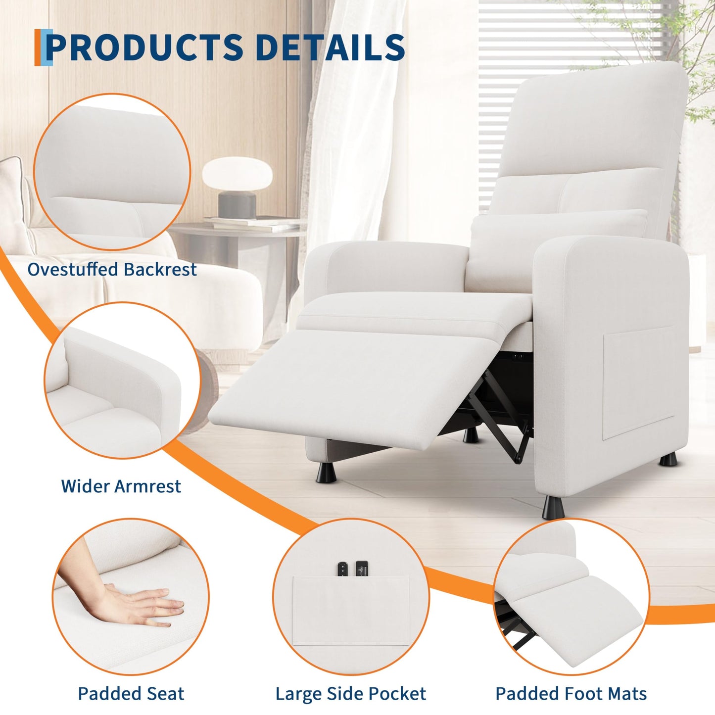 Garvee Power Recliner Chair, Adjustable Electric Recliner Ergonomic Overstuffed Single Sofa, Padded Seat, Side Pockets and USB Port, Home Theater Seating for Living Room
