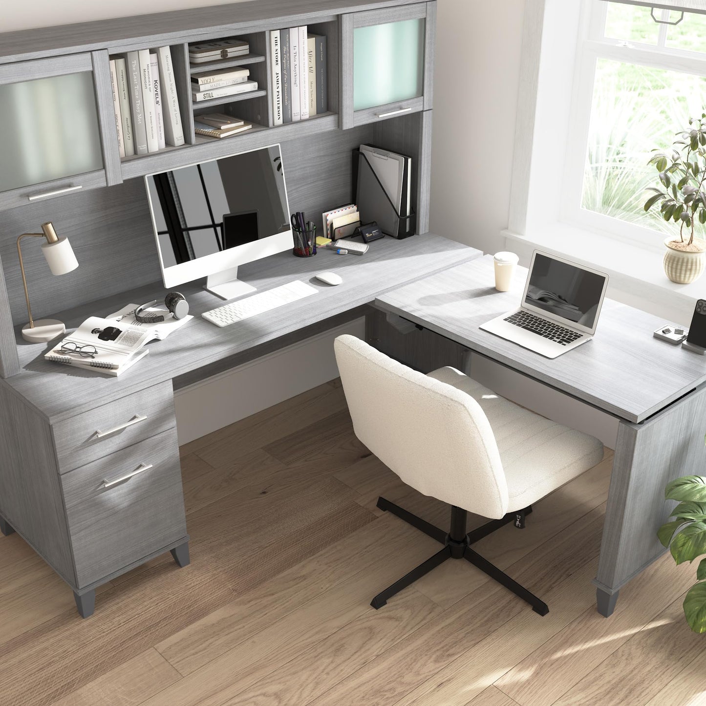 Bush Home 72-Inch L-Shaped Sit to Stand Desk with Hutch, Adjustable Height Standing Corner Computer Desk with Drawers, Shelves and Storage Cabinet, Home Office, Somerset Collection, Platinum Gray