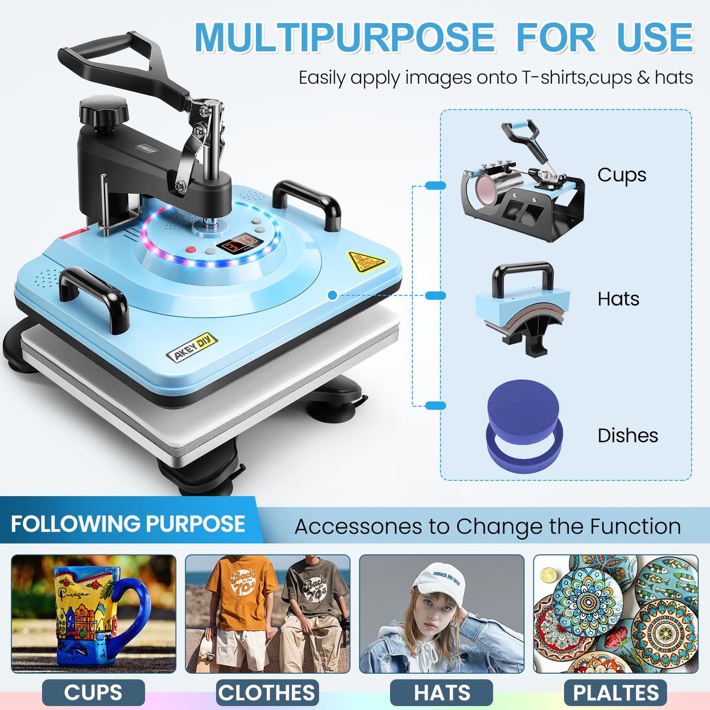 AKEYDIY Upgraded 8 in 1 Heat Press Machine for Tshirts 12X15 Inch, 360° Swing Away Shirt Press Machine for Sublimation, Multifunctional Heat Transfer Machine Combo for Shirts Hat Cap Mug Plate