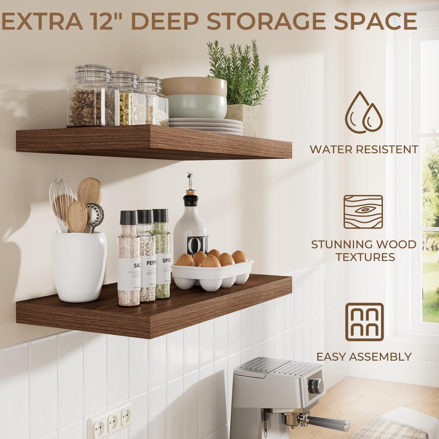 RICHFOCUS 72 Inch 12" D Floating Shelves for Wall 2 Pack Long Wall Shelves for Room Wall|Large Wood Hanging Shelf with Invisible Brackets for Bathroom Bedroom Kitchen Laundry Room, Walnut