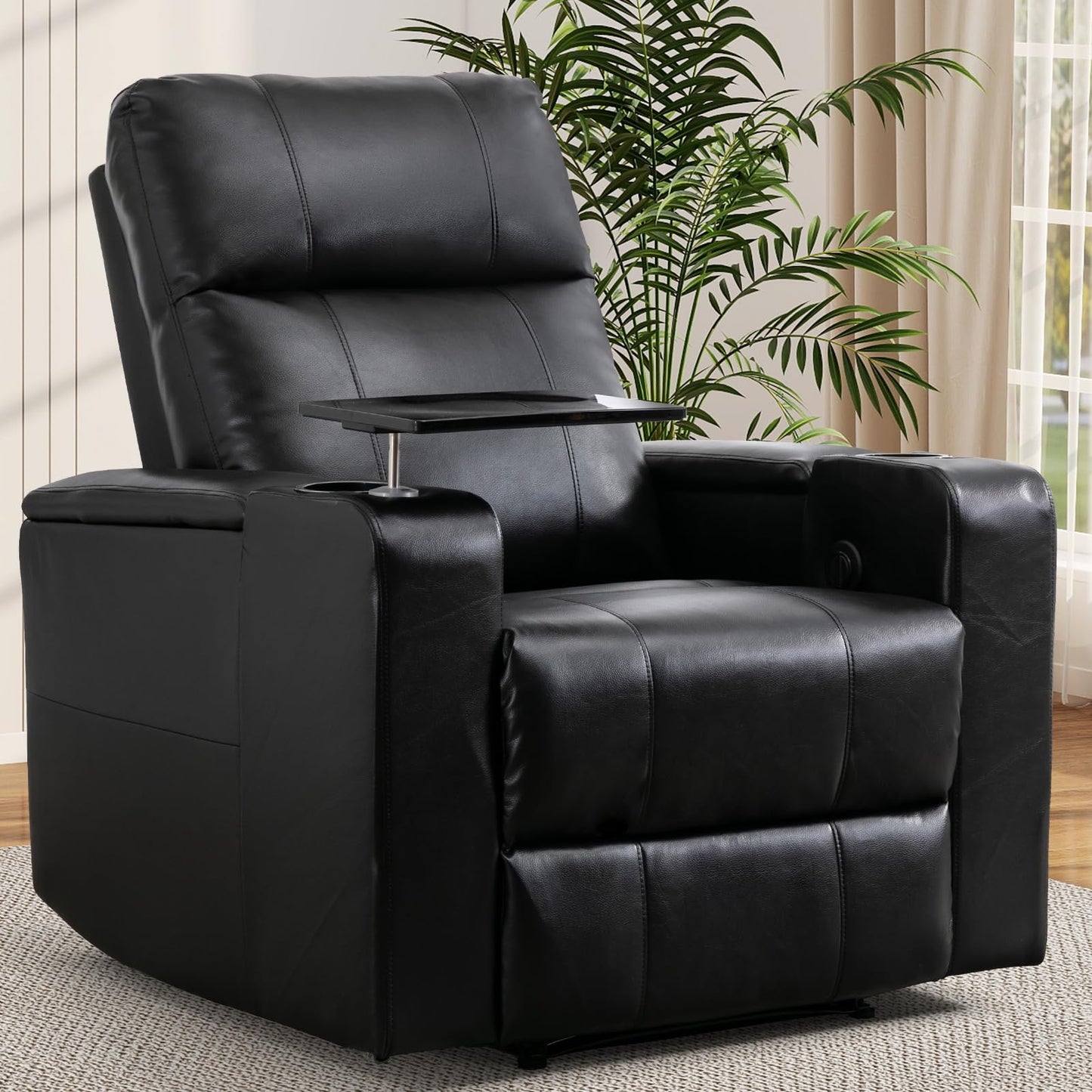 ANJ Home Theater Seating Power Recliner with Hidden Arm Storage, Sigle Faux Leather Recliners with Tray Table, Electric Movie Reclining Chairs with USB Ports & Cup Holders for Media Room, Black