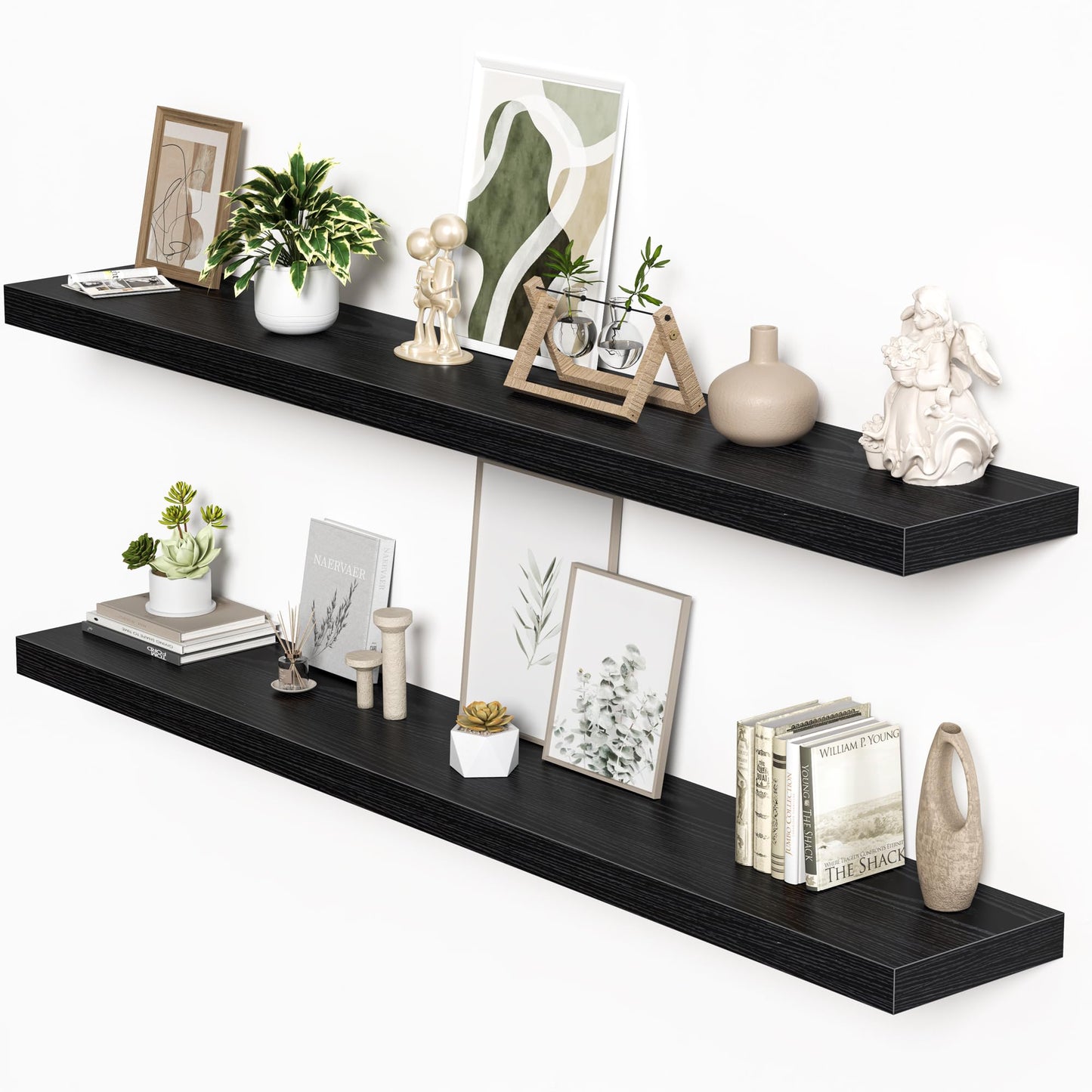Floating Shelves for Wall, 72"W x 9.3"D x 1.5"H, Long Wooden Wall Mounted Display Shelves with Invisible Brackets for Living Room, Bedroom, Bathroom, Kitchen Decor and Storage, Set of 2, Black