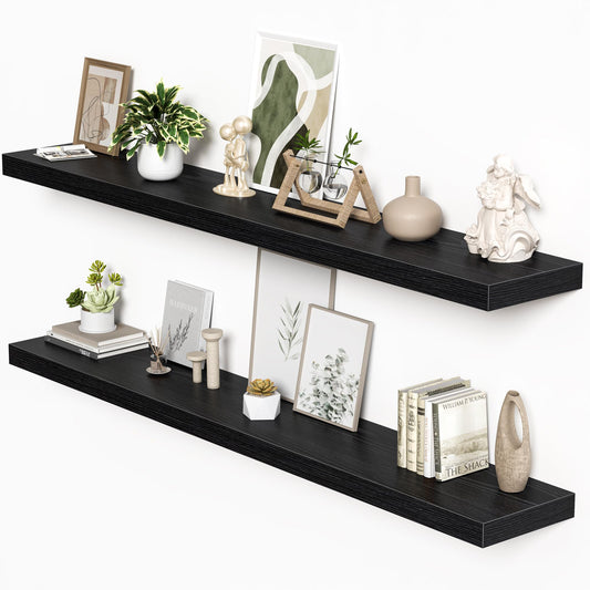 Floating Shelves for Wall, 72"W x 9.3"D x 1.5"H, Long Wooden Wall Mounted Display Shelves with Invisible Brackets for Living Room, Bedroom, Bathroom, Kitchen Decor and Storage, Set of 2, Black