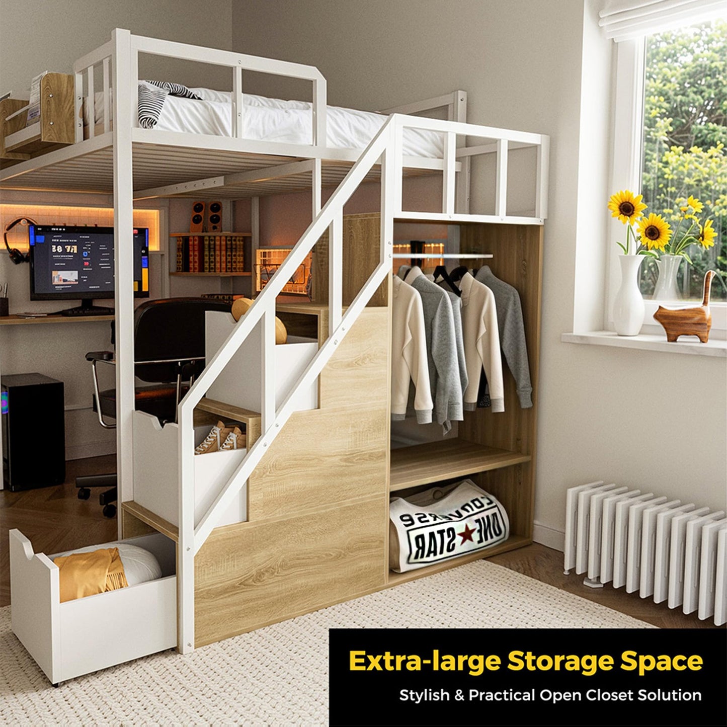 advwin Twin Size Loft Bed with Desk and Stairs, Storage Drawers and Shelves, Charging Station, LED Light, Safety Guardrail & Ladders, Metal Loft Bed Frame Gaming Bed for Adult, Space-Saving, White