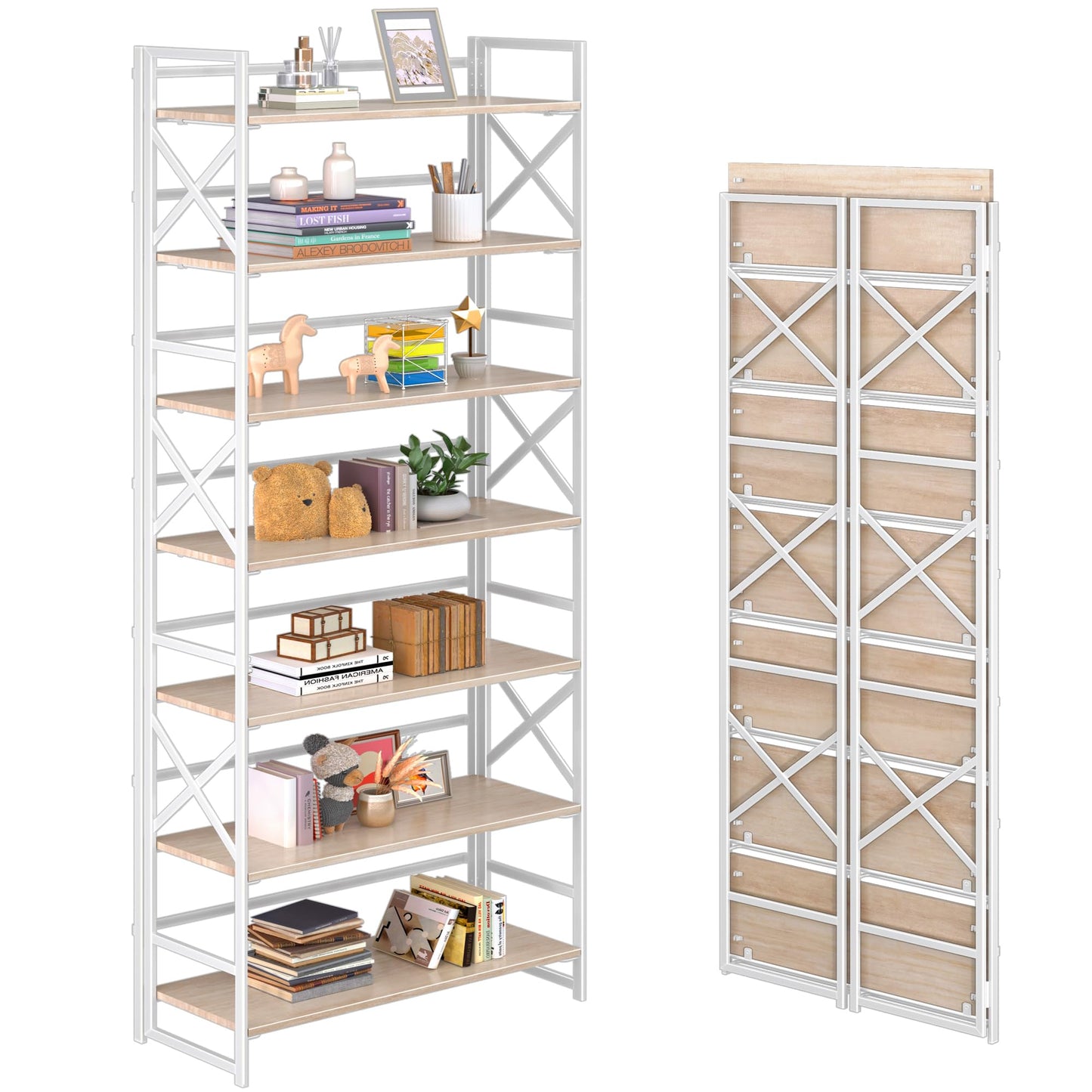 4NM 7 Tiers No Assembly Book Shelves, 72.4" H Folding Bookshelf Bookcase Open Industrial Foldable Shelves for Bedroom, Living Room, Home Office - Natural White