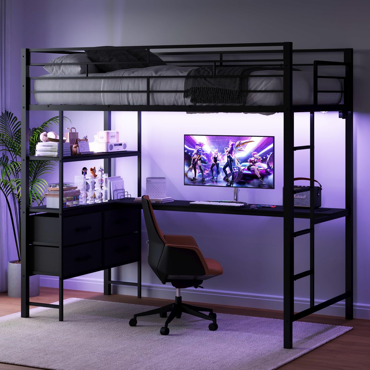 VINGLI Full Metal Loft Bed Frame with L-Shaped Desk, 15 Inches Guardrail, Non-Slip Ladder, 2 Charging Stations, Storage Shelves/4 Drawers/LED Lights, for Kids Teens Adults, No Box Spring Needed, Black
