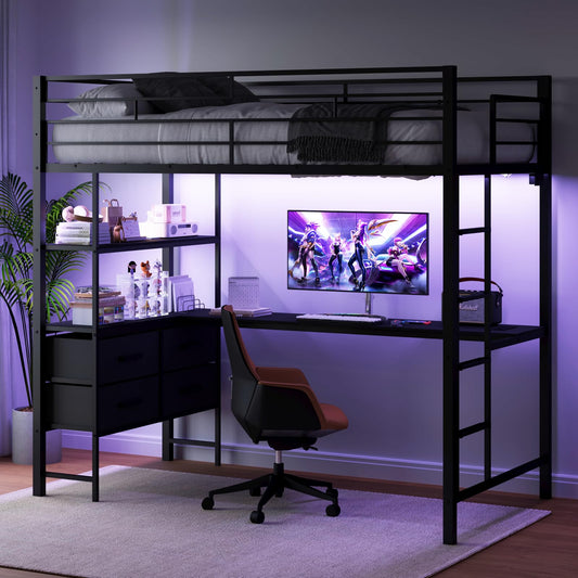 VINGLI Full Metal Loft Bed Frame with L-Shaped Desk, 15 Inches Guardrail, Non-Slip Ladder, 2 Charging Stations, Storage Shelves/4 Drawers/LED Lights, for Kids Teens Adults, No Box Spring Needed, Black
