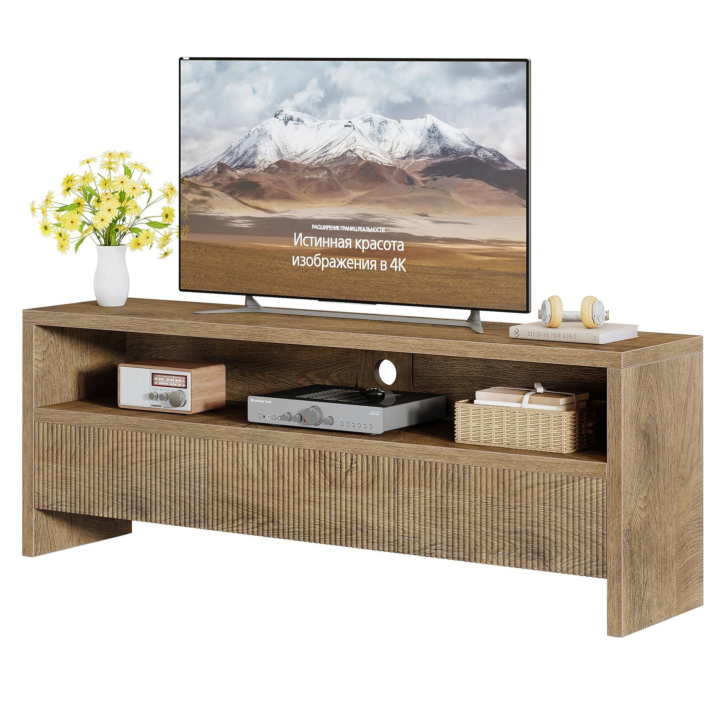 Tribesigns 63" TV Stand with 3 Drawers, 2-Tier Entertainment Center for TVs up to 75", Farmhouse Media Cabinet, Wooden Console with Storage, Television Stands for Living Room, Bedroom, Brown