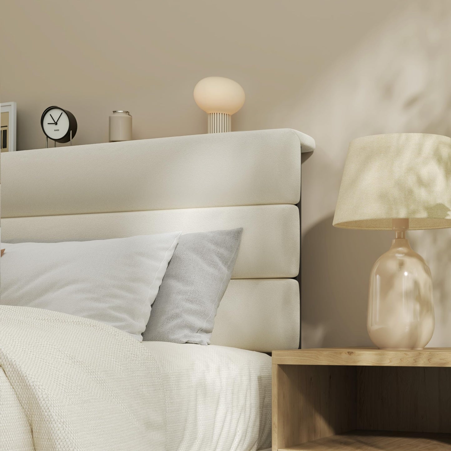 Fluest King Size Bed Frame, Platform Bed Frame with Velvet Upholstered Headboard, No Box Spring Needed, Sturdy Metal Support, Noise Free, Easy Assembly, Beige