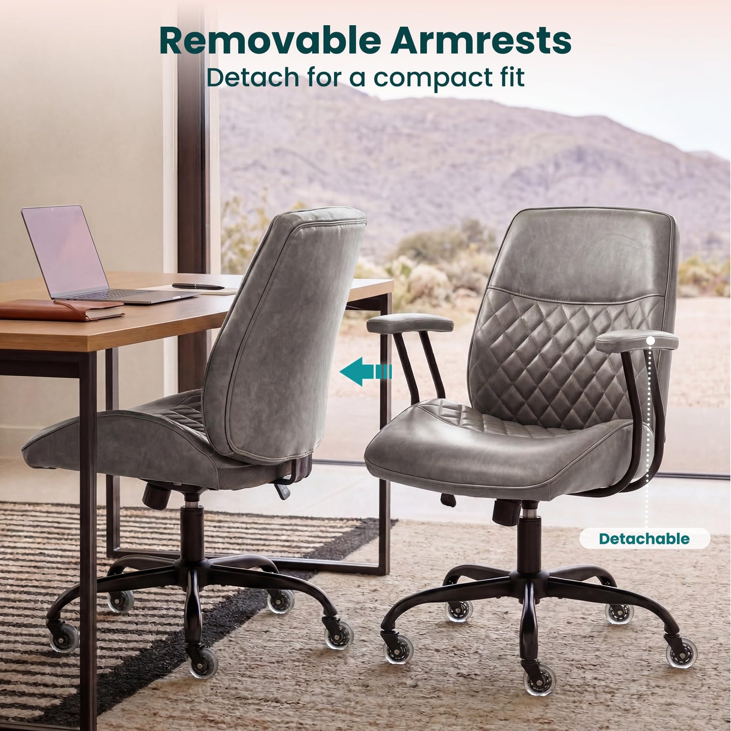 NEO Chair Ergonomic Leather Office Desk Chair with Fixed Armrests Mid Back Lumbar Support Swivel Executive Computer Chair with Wheels Comfy Home Office Chair for Adults (Grey)