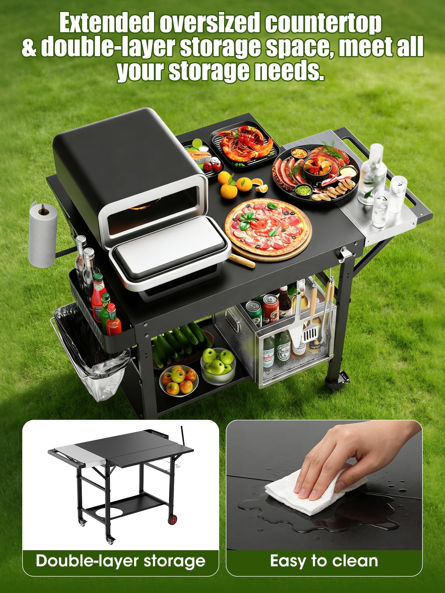 Outdoor Pizza Oven Table, Movable Grill Side Table, Expansive Countertop Pizzas Oven Accessories, Pizzas Stands for Party with Wheels, Fits Ooni Blackstone Ninja Cuisinart Gozney