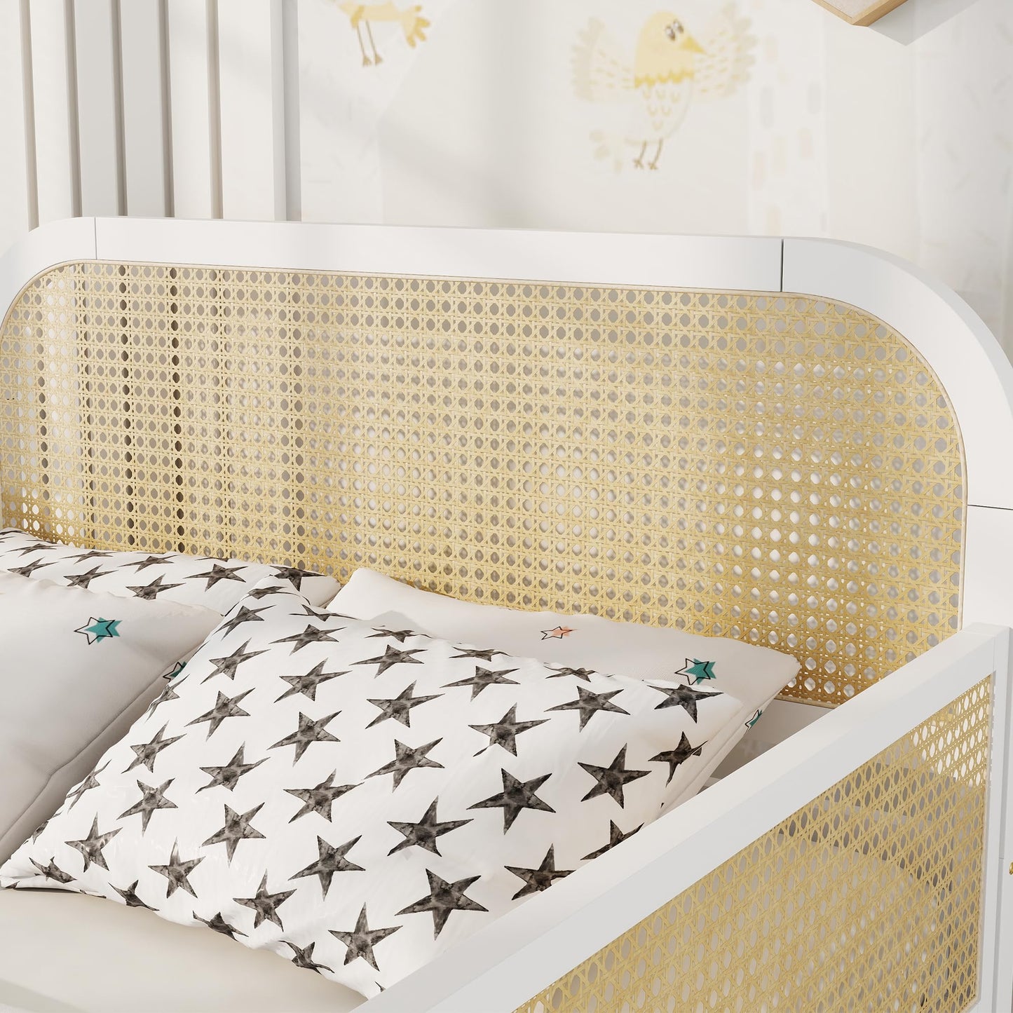 KEIKI Full Size Pine Wood Platform Bed Frame with 2 Storage Drawers & Headboard & Footboard, for Boys and Girls, Rattan Bed with Solid Slat, No Box Spring Required, Easy Assembly, for Bedroom, White