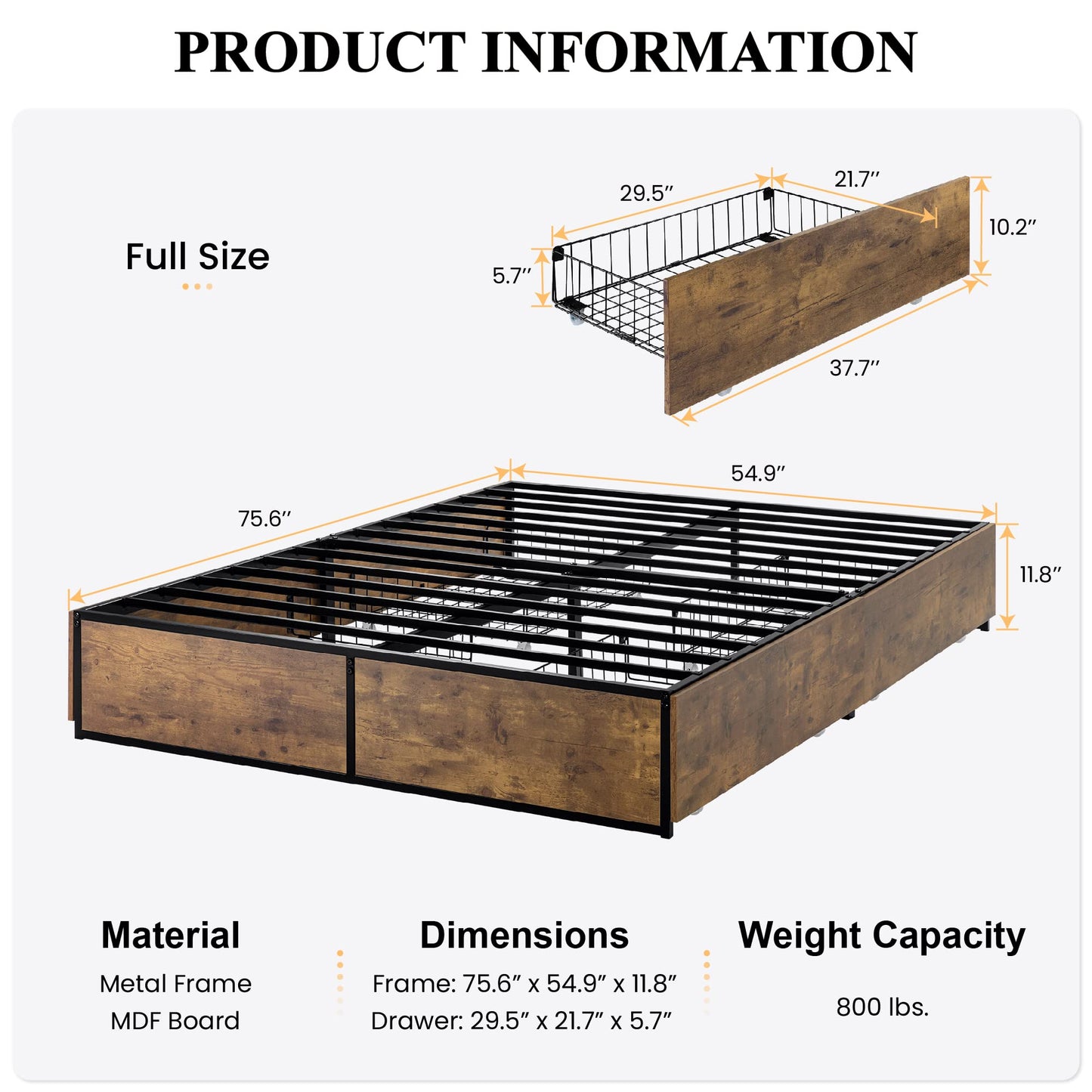 SHA CERLIN Full Size Bed Frame with Storage, 4 Extra Large Drawers on Wheels, Mattress Foundation, Strong Metal Slat Support, No Box Spring Needed, Easy Assembly