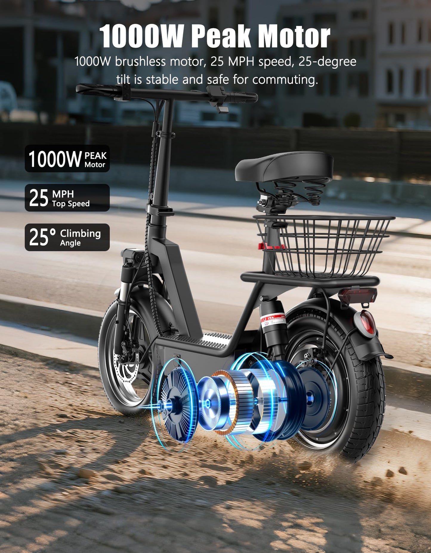 Electric Scooter Adults with Seat, 1000W Peak Motor, 35 Miles Range, 25MPH Top Speed, 14" Foldable E-Scooter with Seat and Basket for Cargo, Dual Suspension for Commuting
