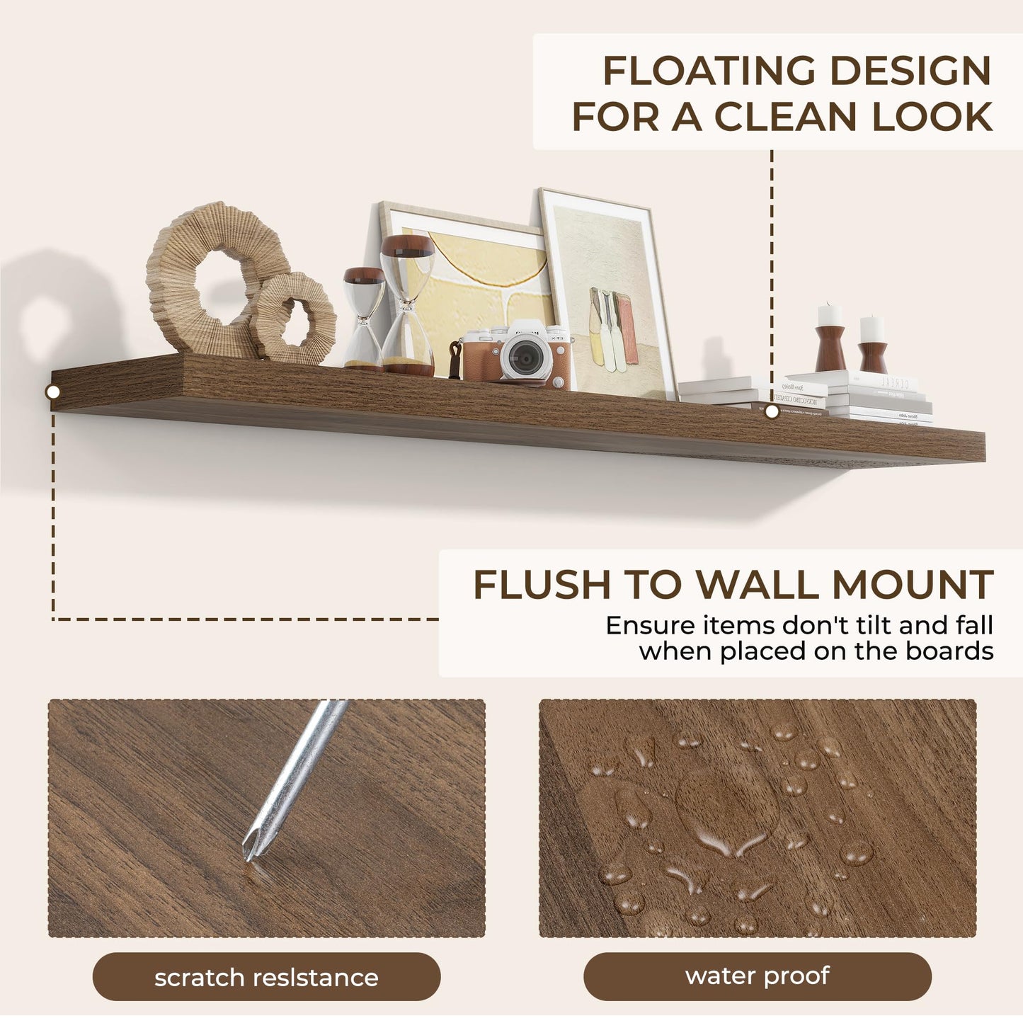RICHFOCUS 72Inch Floating Shelves for Wall 2 Pack Shelves for Bedroom|Kitchen|Bathroom Wall Mounted Rustic Wood Floating Shelf with Invisible Brackets for Books|Storage|Decor, Walnut