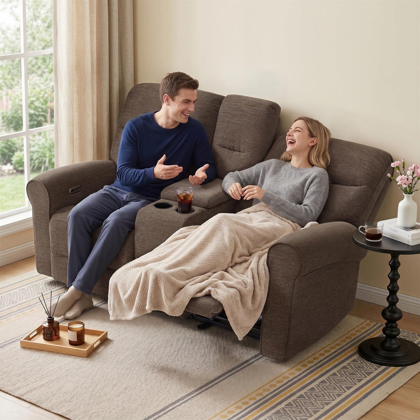 MCombo 78.3" Wall Hugger Power Loveseat Recliner Sofa with Console, Reclining Loveseat with USB Ports, Cup Holders, for Small Spaces Living Room RV, Fabric PR635M2 (Dark Brown)
